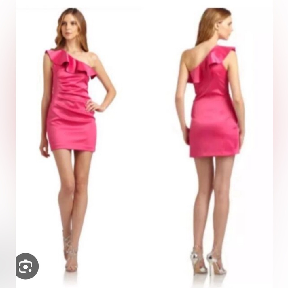 Laundry by Shelli Segal pink satin one-shoulder ruffle dress, size 8